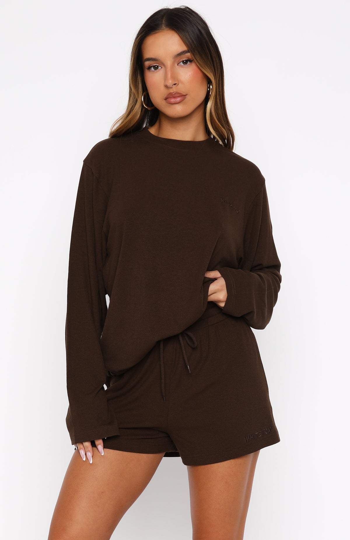 white-fox-come-a-long-way-soft-lounge-ribbed-shorts-long-sleeve-ribbed-top-chocolate-brown-04